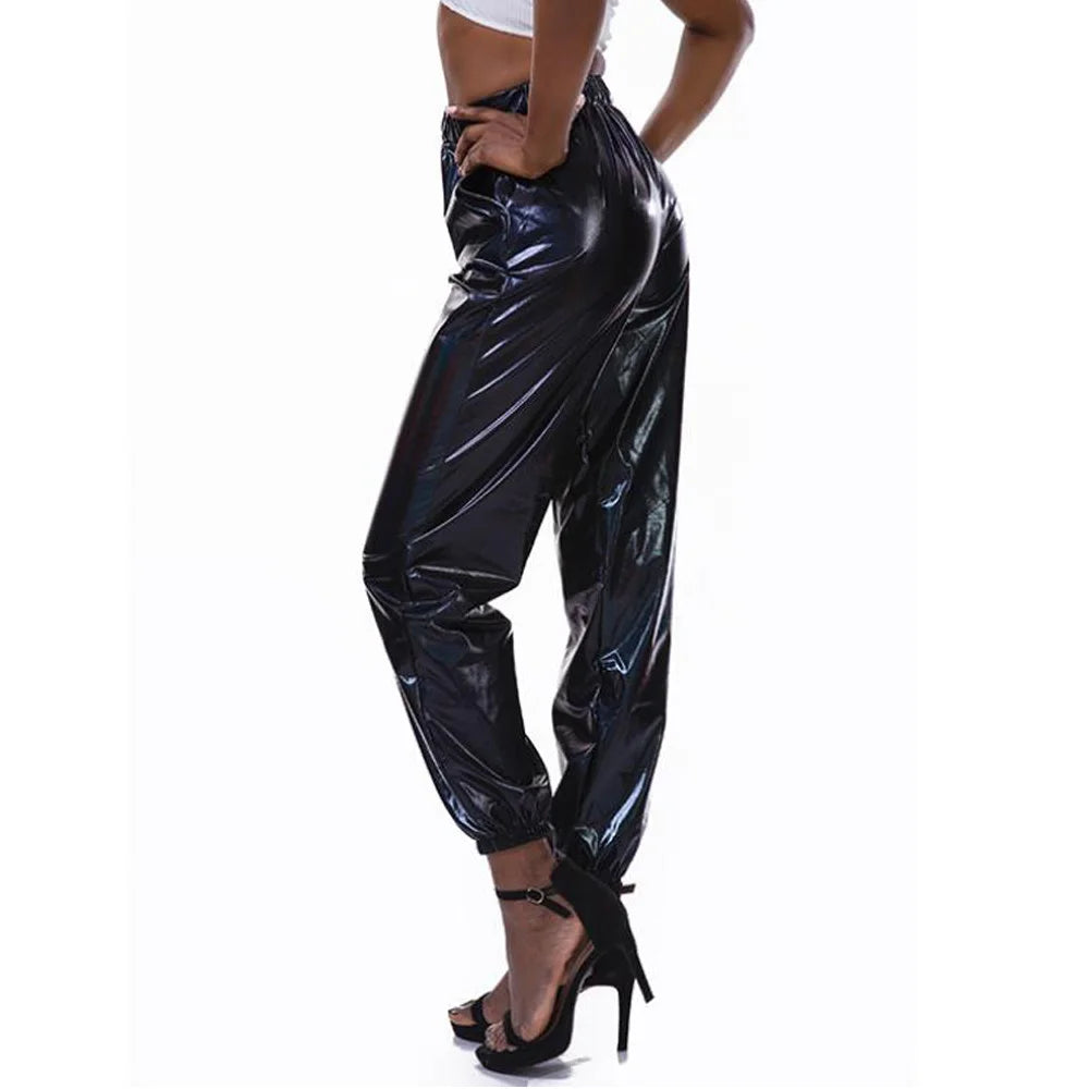 Women Shiny Rave Pants Loose Holographic Clothes Silver Pants Dance Wetlook Hip Hop Punk Pants Sweatpants Streetwear Joggers - Cosmic Twink