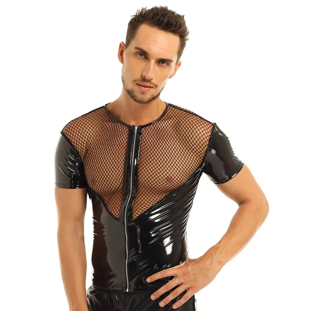 Leather Harness Mens Lingerie T-Shirt Shiny Latex Top Short Sleeves Fishnet Top Wet Look Gay Leather Harness Crop Tops Coat - Cosmic Twink
