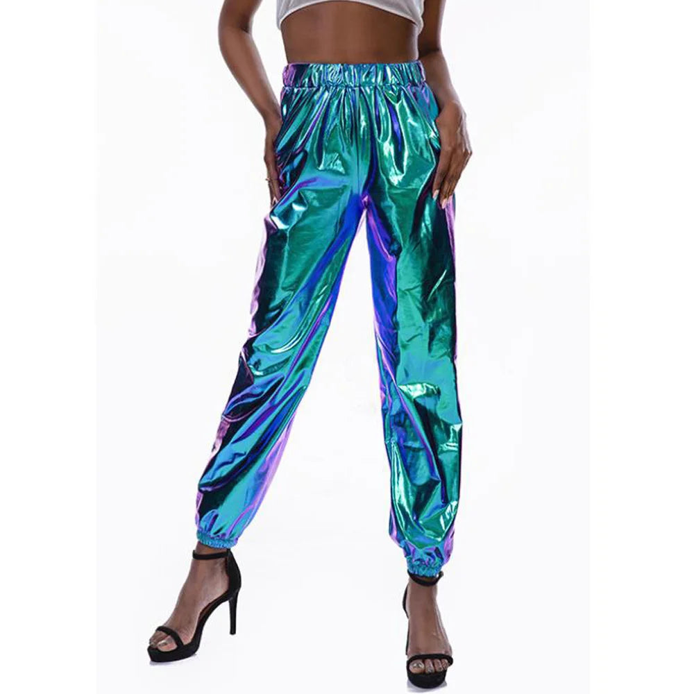 Women Shiny Rave Pants Loose Holographic Clothes Silver Pants Dance Wetlook Hip Hop Punk Pants Sweatpants Streetwear Joggers - Cosmic Twink