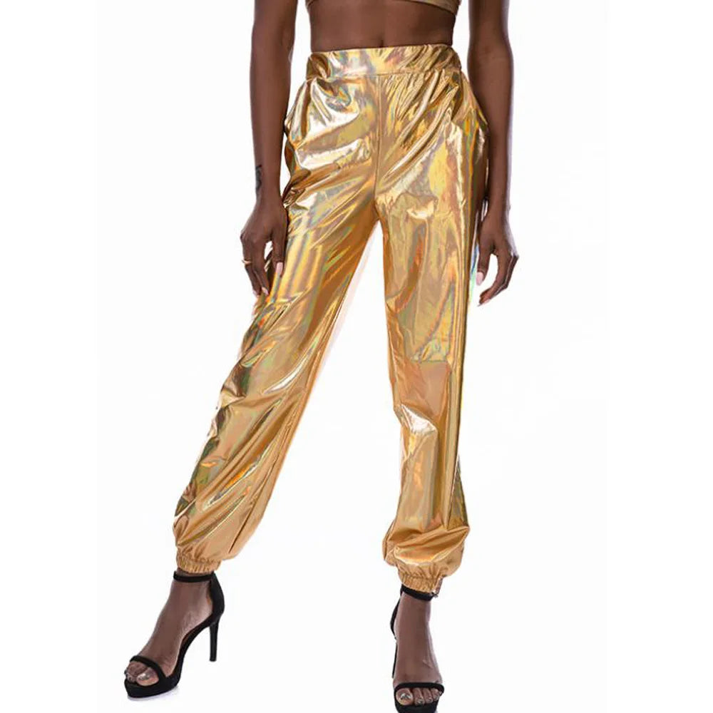 Women Shiny Rave Pants Loose Holographic Clothes Silver Pants Dance Wetlook Hip Hop Punk Pants Sweatpants Streetwear Joggers - Cosmic Twink