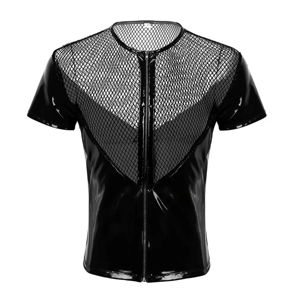 Leather Harness Mens Lingerie T-Shirt Shiny Latex Top Short Sleeves Fishnet Top Wet Look Gay Leather Harness Crop Tops Coat - Cosmic Twink