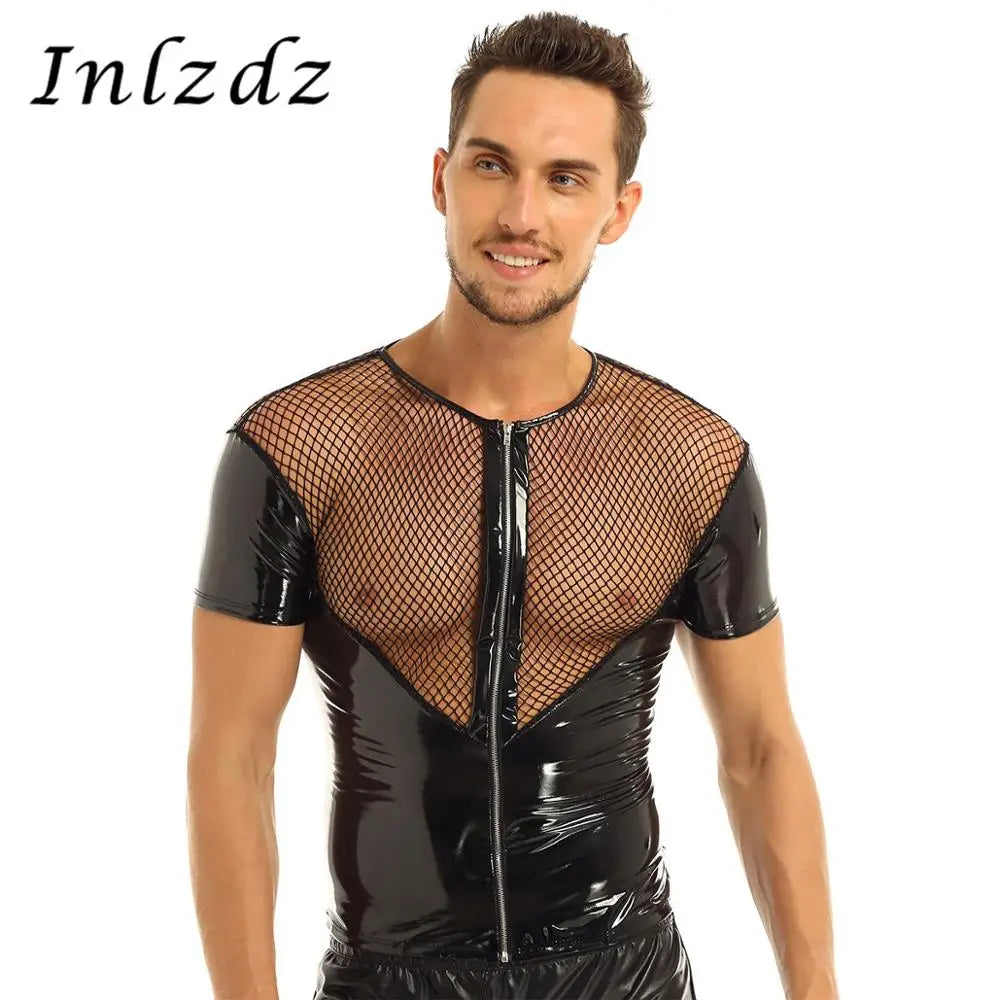 Leather Harness Mens Lingerie T-Shirt Shiny Latex Top Short Sleeves Fishnet Top Wet Look Gay Leather Harness Crop Tops Coat - Cosmic Twink
