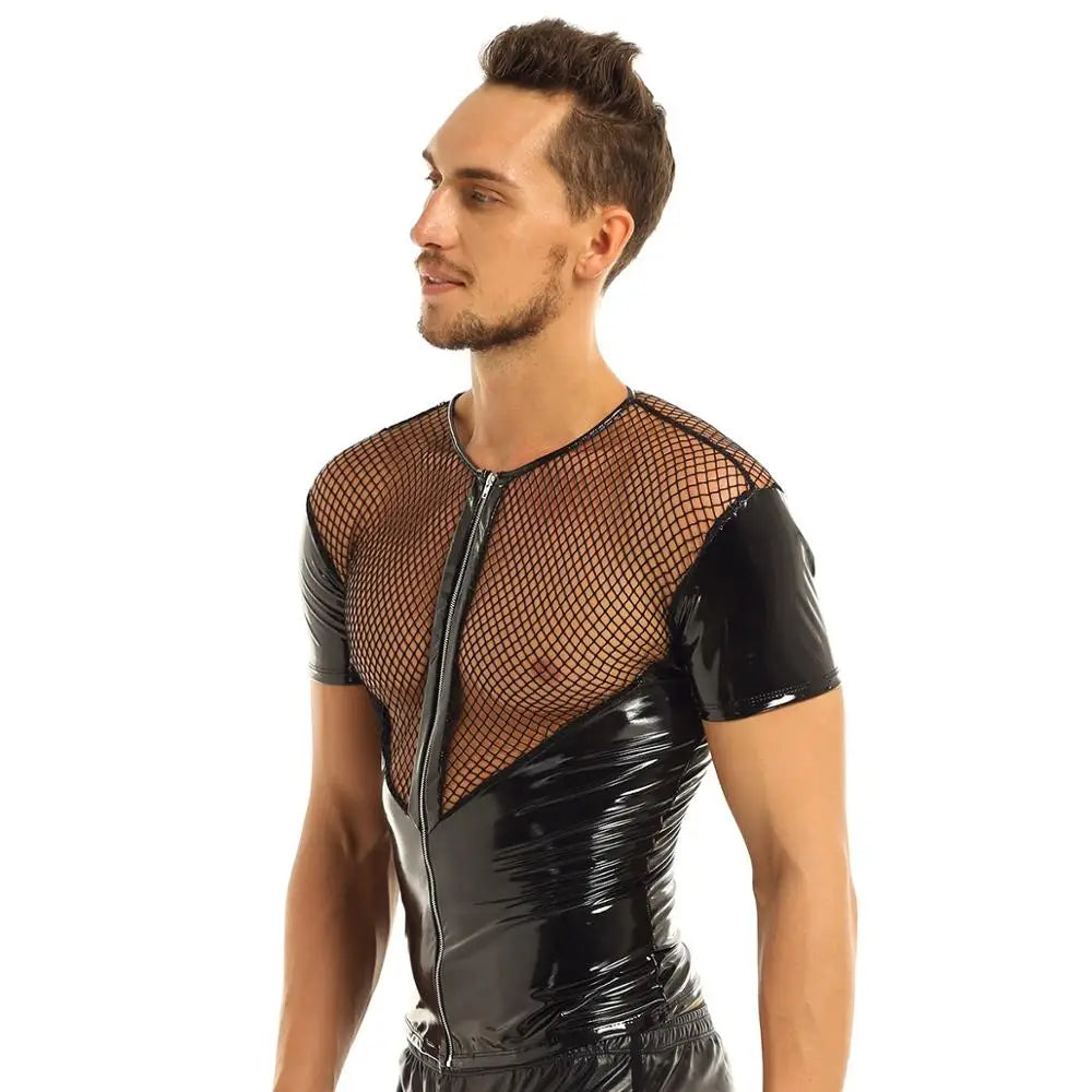 Leather Harness Mens Lingerie T-Shirt Shiny Latex Top Short Sleeves Fishnet Top Wet Look Gay Leather Harness Crop Tops Coat - Cosmic Twink