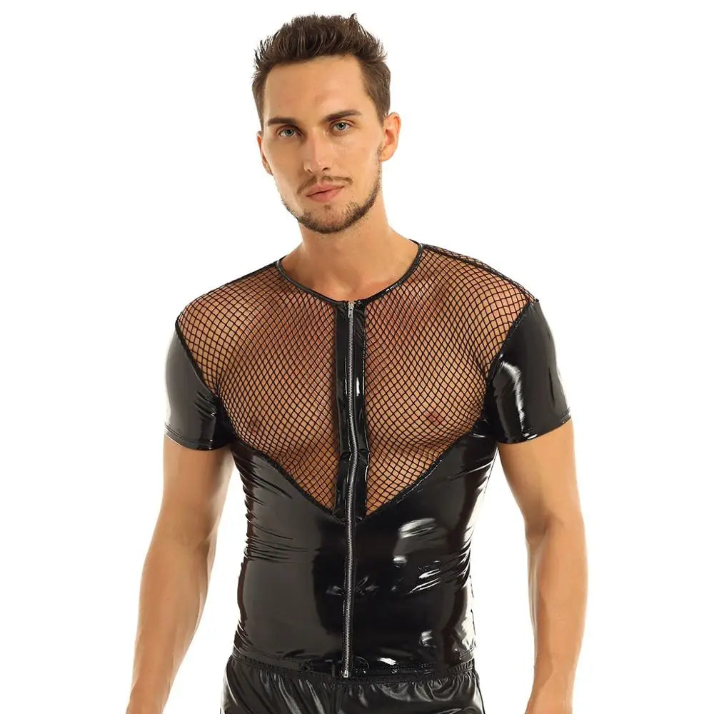 Leather Harness Mens Lingerie T-Shirt Shiny Latex Top Short Sleeves Fishnet Top Wet Look Gay Leather Harness Crop Tops Coat - Cosmic Twink