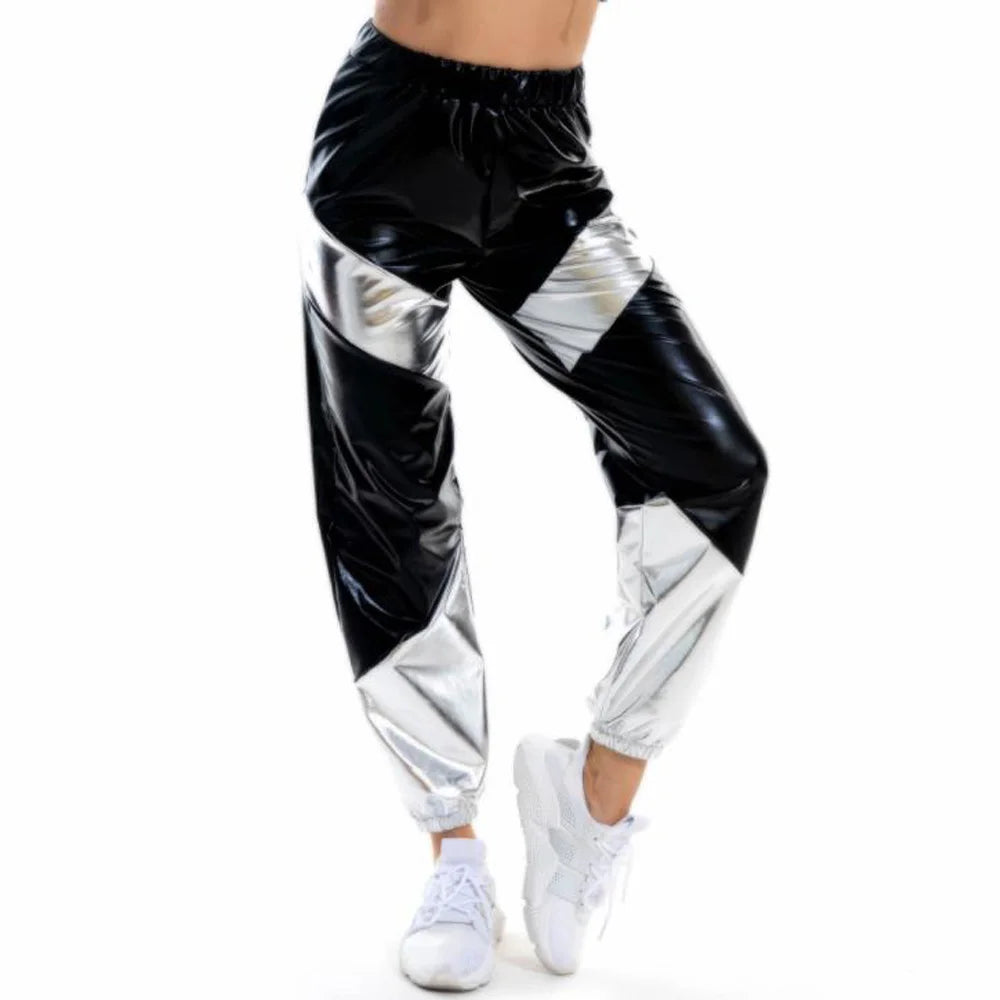 Women Shiny Rave Pants Loose Holographic Clothes Silver Pants Dance Wetlook Hip Hop Punk Pants Sweatpants Streetwear Joggers - Cosmic Twink