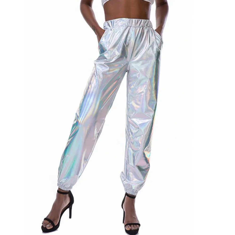 Women Shiny Rave Pants Loose Holographic Clothes Silver Pants Dance Wetlook Hip Hop Punk Pants Sweatpants Streetwear Joggers - Cosmic Twink