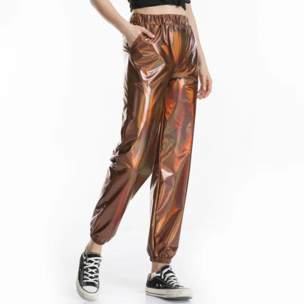 Women Shiny Rave Pants Loose Holographic Clothes Silver Pants Dance Wetlook Hip Hop Punk Pants Sweatpants Streetwear Joggers - Cosmic Twink