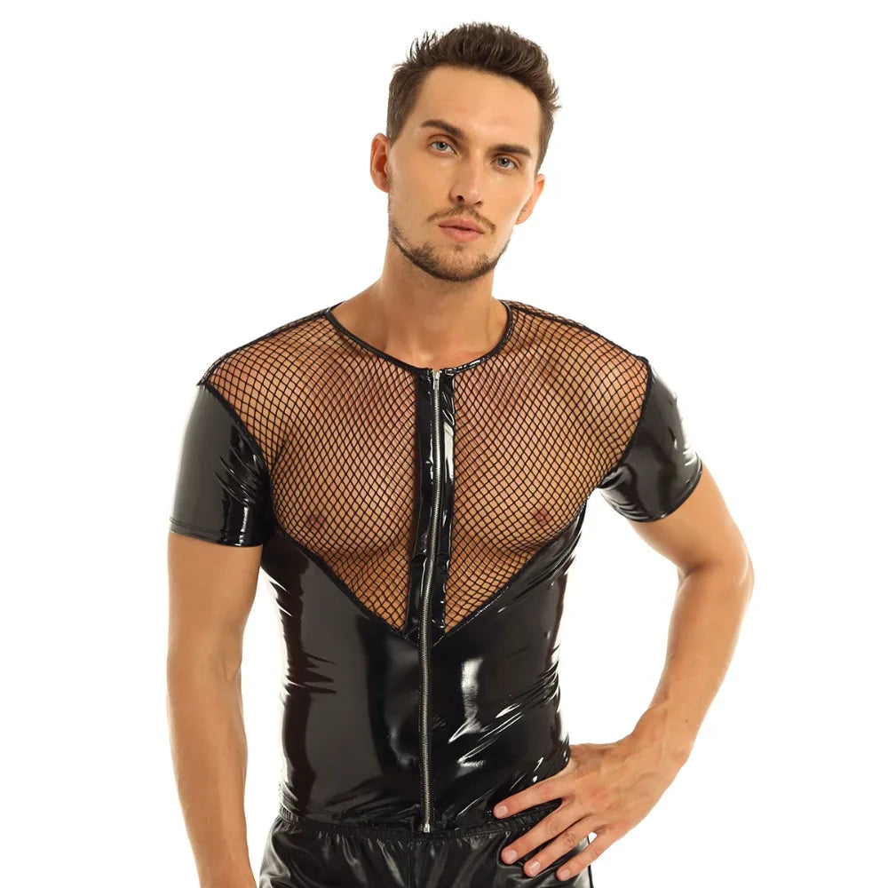 Leather Harness Mens Lingerie T-Shirt Shiny Latex Top Short Sleeves Fishnet Top Wet Look Gay Leather Harness Crop Tops Coat - Cosmic Twink