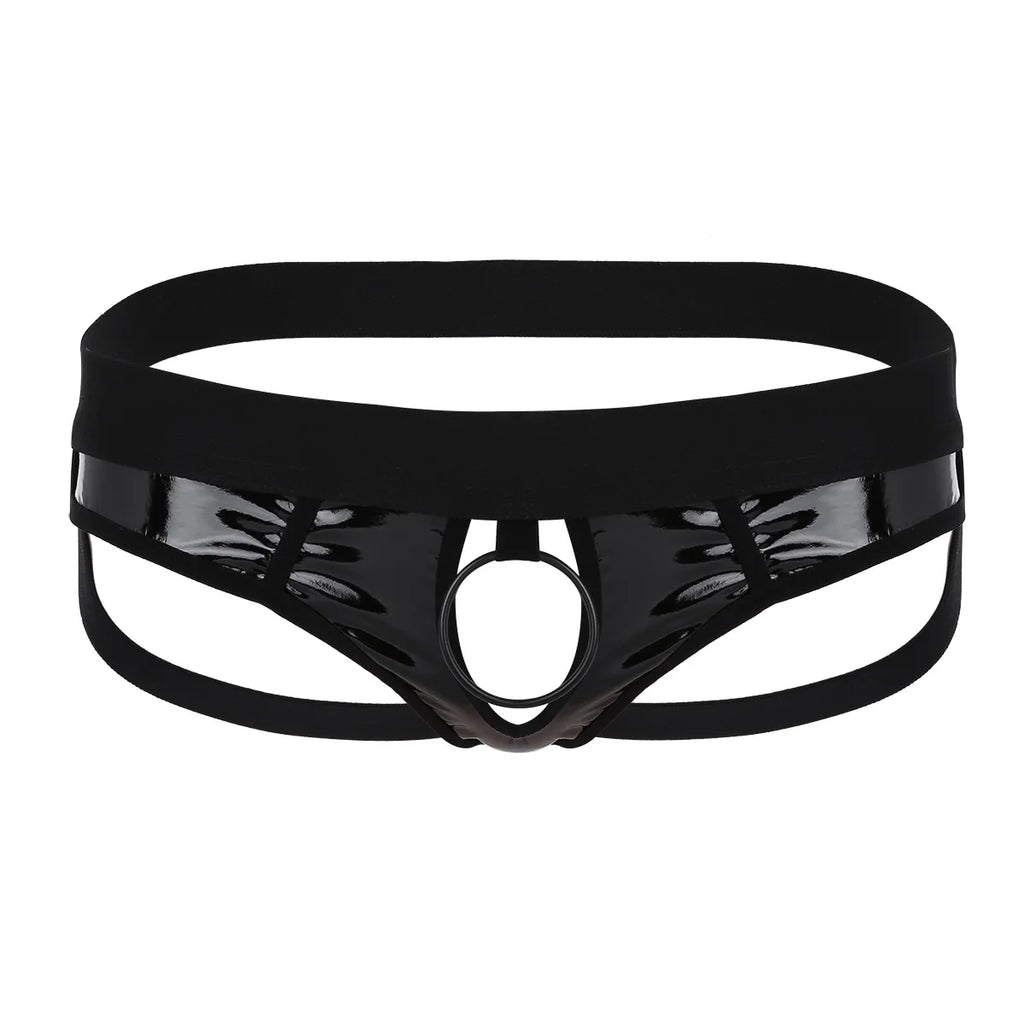 Sexy Gay Men Bikini G-string Underwear with Metal O-Ring Lingerie Faux Leather Panties Open Back Hollow Out Jockstrap Underpants