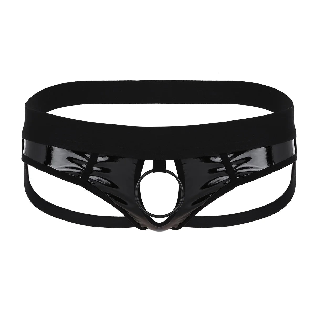 Sexy Gay Men Bikini G-string Underwear with Metal O-Ring Lingerie Faux Leather Panties Open Back Hollow Out Jockstrap Underpants