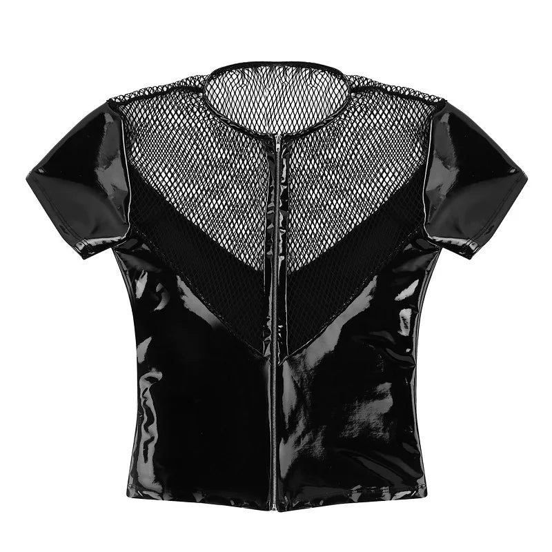 Leather Harness Mens Lingerie T-Shirt Shiny Latex Top Short Sleeves Fishnet Top Wet Look Gay Leather Harness Crop Tops Coat - Cosmic Twink