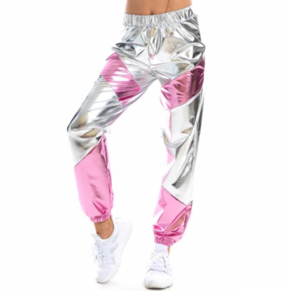 Women Shiny Rave Pants Loose Holographic Clothes Silver Pants Dance Wetlook Hip Hop Punk Pants Sweatpants Streetwear Joggers - Cosmic Twink