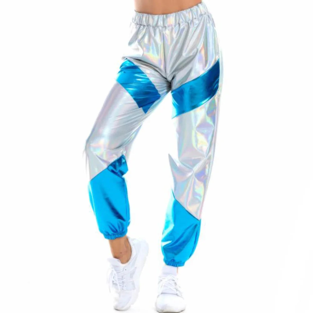 Women Shiny Rave Pants Loose Holographic Clothes Silver Pants Dance Wetlook Hip Hop Punk Pants Sweatpants Streetwear Joggers - Cosmic Twink