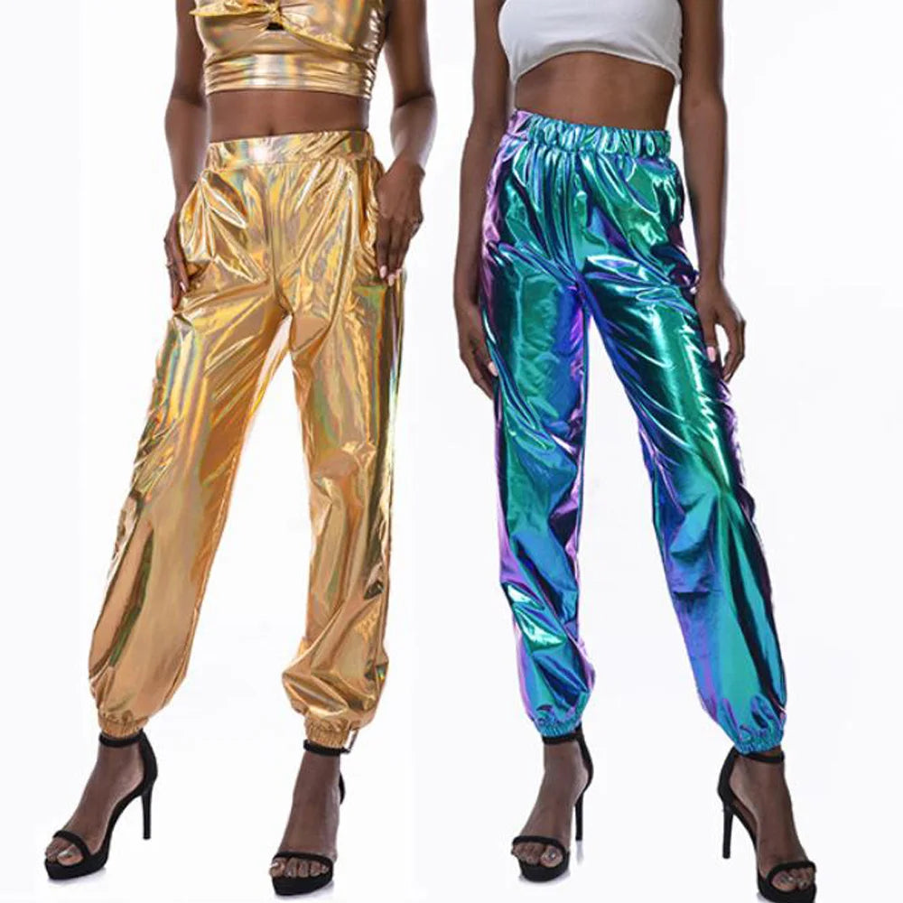 Women Shiny Rave Pants Loose Holographic Clothes Silver Pants Dance Wetlook Hip Hop Punk Pants Sweatpants Streetwear Joggers - Cosmic Twink