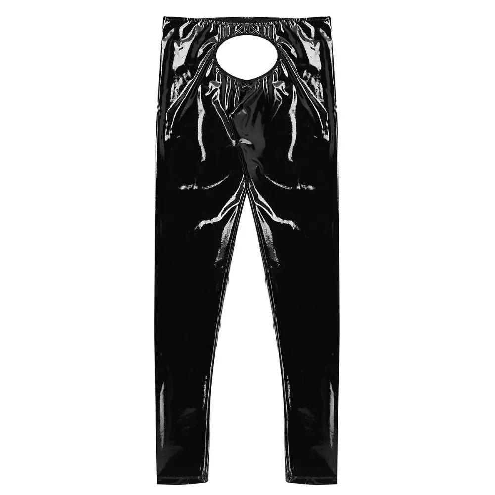 Gay Sexy Mens Lingerie Shiny Patent Leather Open Back Open Pouch Skinny Tight Pants Leggings Night Clubwear Parties Trousers