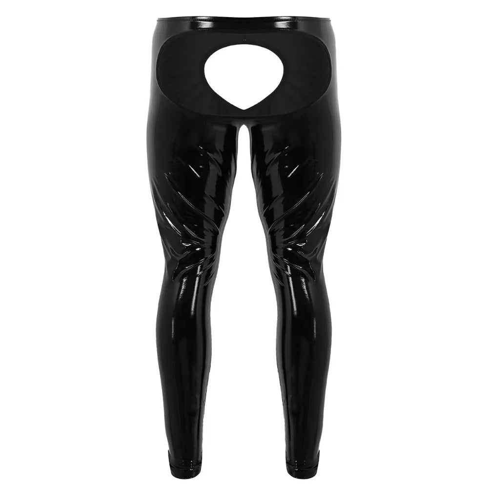 Gay Sexy Mens Lingerie Shiny Patent Leather Open Back Open Pouch Skinny Tight Pants Leggings Night Clubwear Parties Trousers