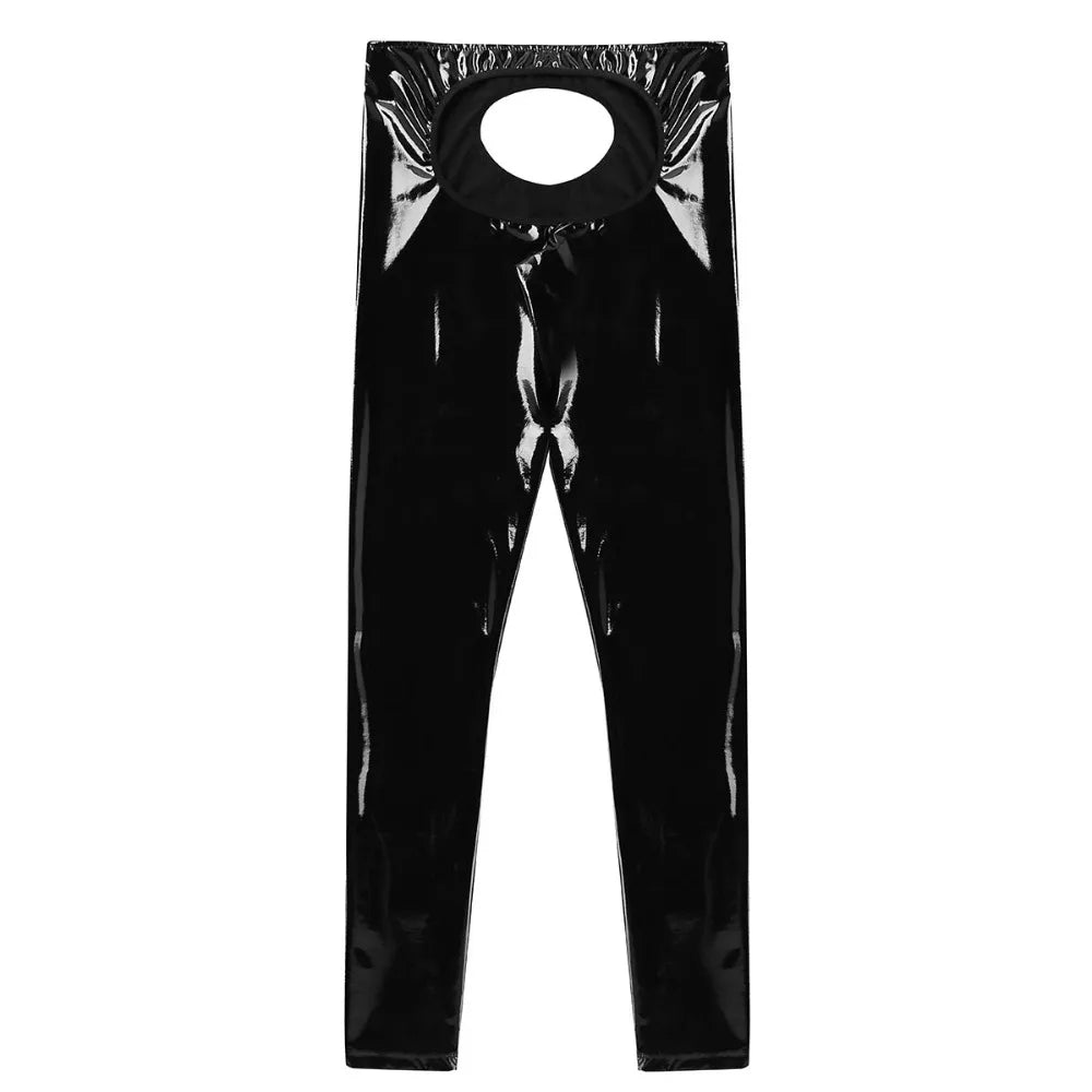 Gay Sexy Mens Lingerie Shiny Patent Leather Open Back Open Pouch Skinny Tight Pants Leggings Night Clubwear Parties Trousers