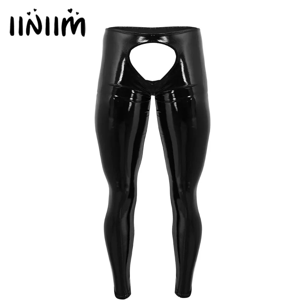 Gay Sexy Mens Lingerie Shiny Patent Leather Open Back Open Pouch Skinny Tight Pants Leggings Night Clubwear Parties Trousers