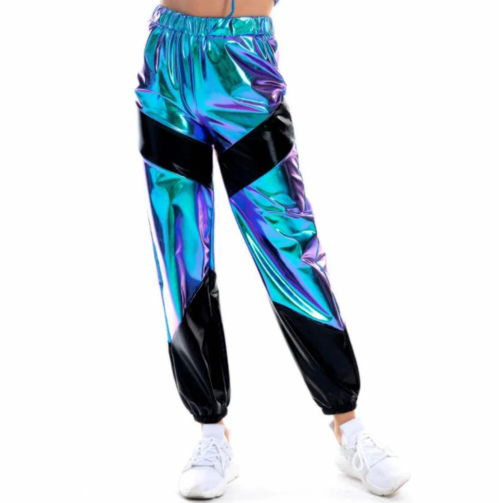 Women Shiny Rave Pants Loose Holographic Clothes Silver Pants Dance Wetlook Hip Hop Punk Pants Sweatpants Streetwear Joggers - Cosmic Twink