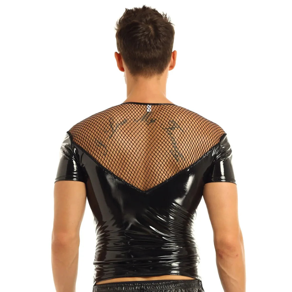 Leather Harness Mens Lingerie T-Shirt Shiny Latex Top Short Sleeves Fishnet Top Wet Look Gay Leather Harness Crop Tops Coat - Cosmic Twink