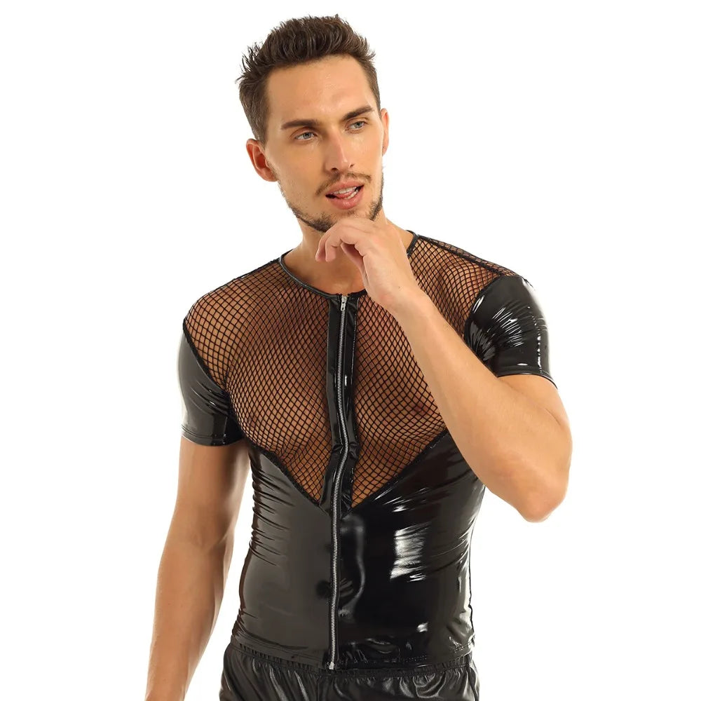 Leather Harness Mens Lingerie T-Shirt Shiny Latex Top Short Sleeves Fishnet Top Wet Look Gay Leather Harness Crop Tops Coat - Cosmic Twink