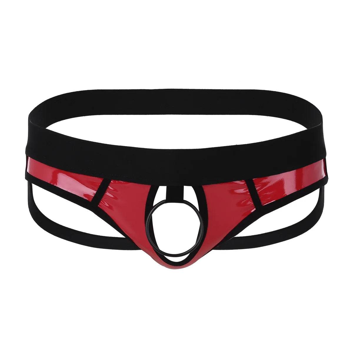 Sexy Gay Men Bikini G-string Underwear with Metal O-Ring Lingerie Faux Leather Panties Open Back Hollow Out Jockstrap Underpants