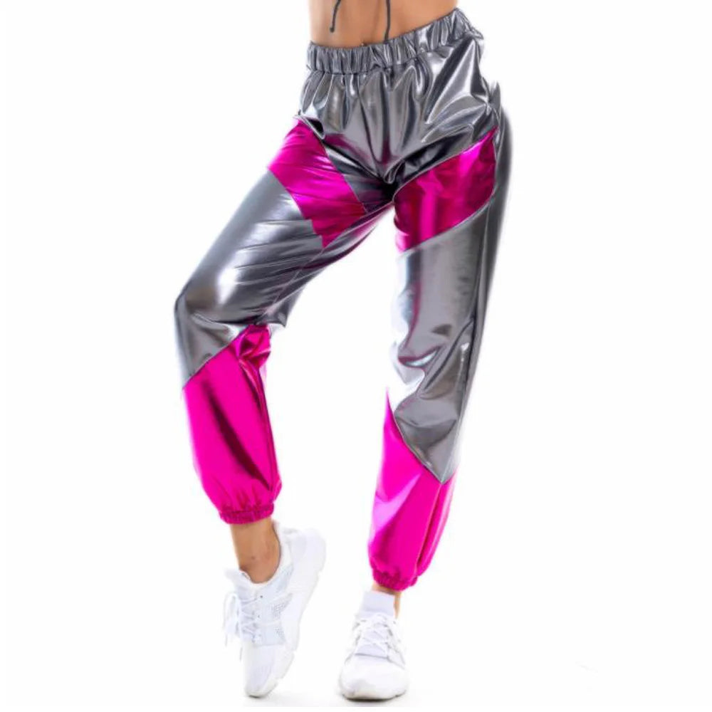 Women Shiny Rave Pants Loose Holographic Clothes Silver Pants Dance Wetlook Hip Hop Punk Pants Sweatpants Streetwear Joggers - Cosmic Twink