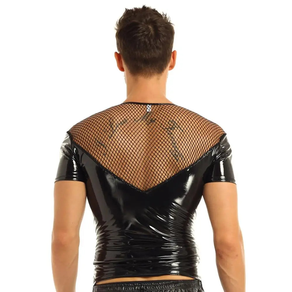 Leather Harness Mens Lingerie T-Shirt Shiny Latex Top Short Sleeves Fishnet Top Wet Look Gay Leather Harness Crop Tops Coat - Cosmic Twink