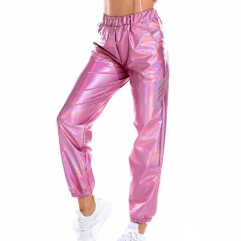 Women Shiny Rave Pants Loose Holographic Clothes Silver Pants Dance Wetlook Hip Hop Punk Pants Sweatpants Streetwear Joggers - Cosmic Twink