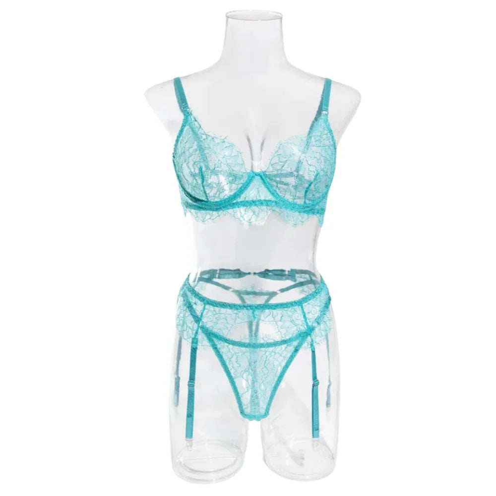 Krasapt Delicate Blue Lace Lingerie 4 Pcs Sets Fancy Mesh Patchwork Transparent Bras And Thongs Garter Suits Erotic Intimate Set - Cosmic Twink