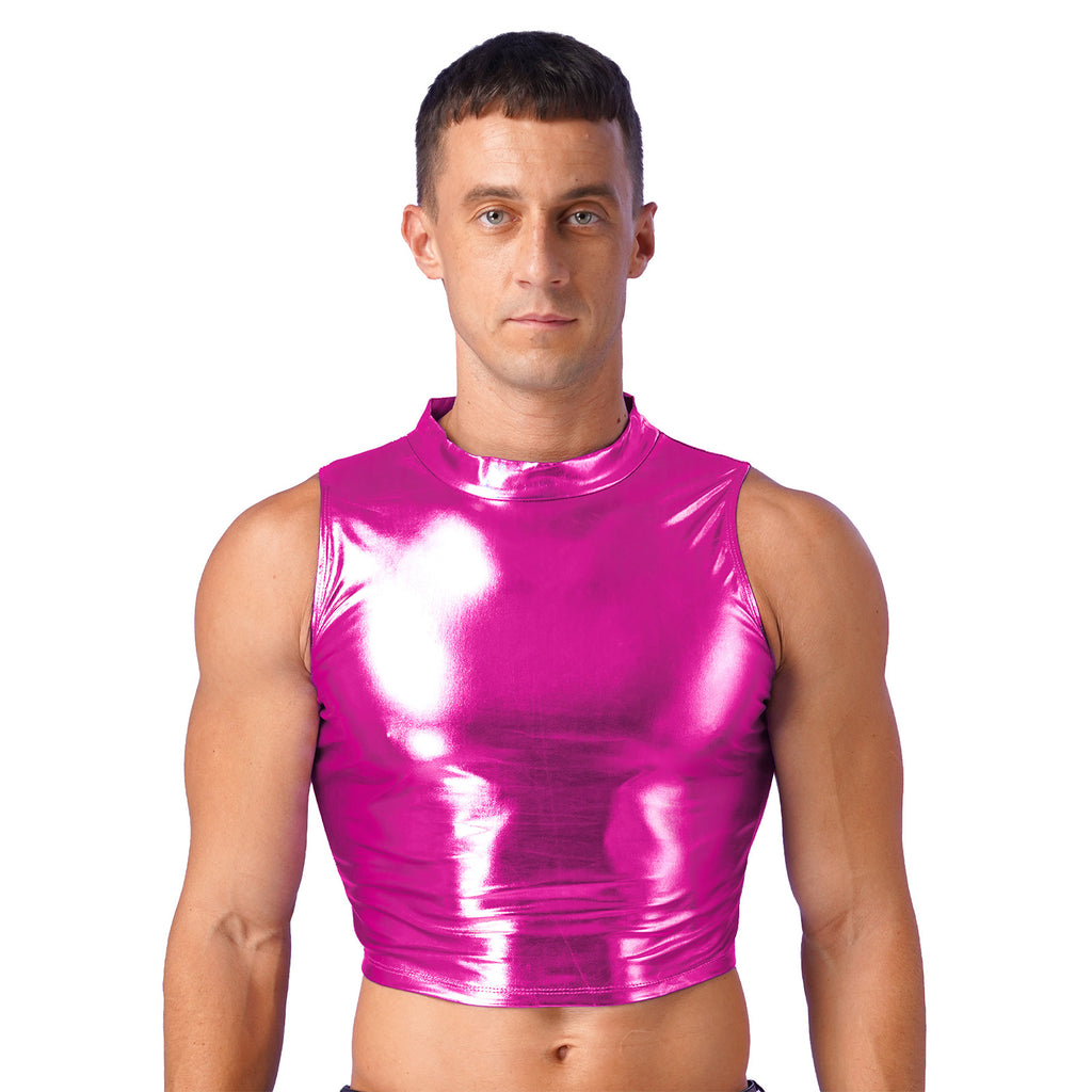 Men's Clothing Wet Look Faux Leather Vest Pole Dance Costume Metallic Mock Neck Crop Tank Top Gothic Punk Rave Party Clubwear - Cosmic Twink