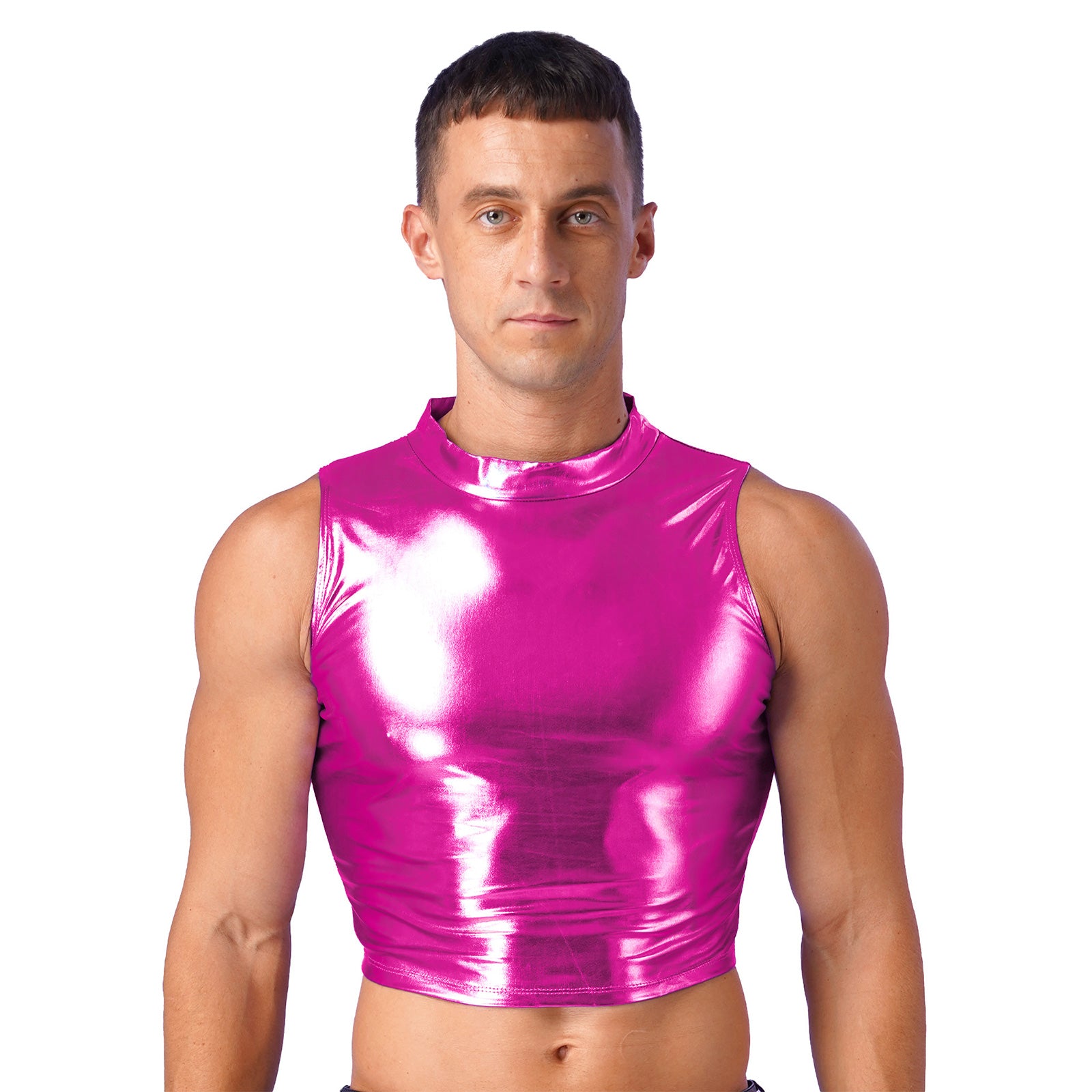 Men's Clothing Wet Look Faux Leather Vest Pole Dance Costume Metallic Mock Neck Crop Tank Top Gothic Punk Rave Party Clubwear - Cosmic Twink
