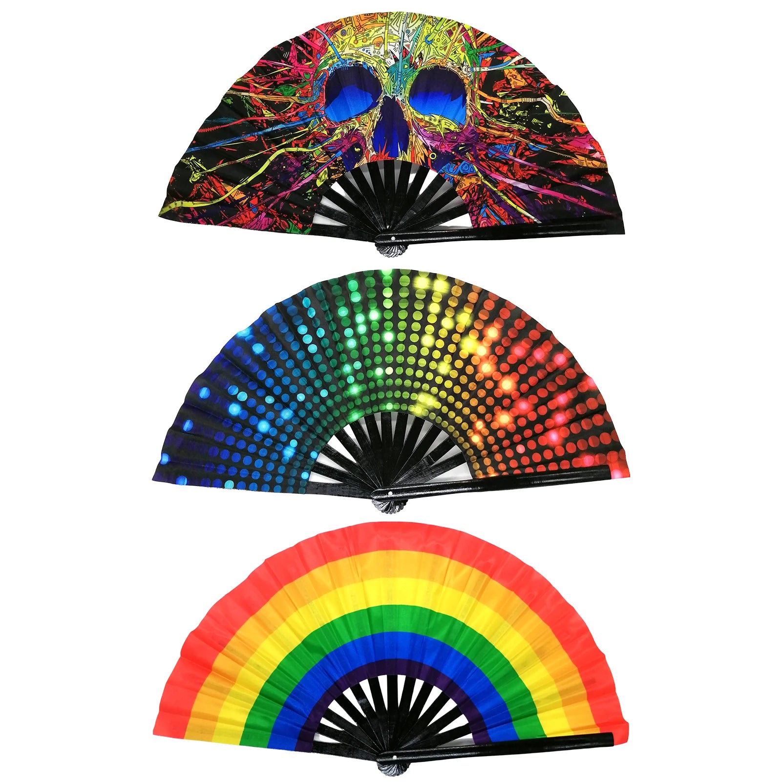 Large Folding Hand Fan Bling Bling Hand Rave Fan Rainbow Print Bamboo Oxford Cloth Pride Festival Handheld Fan For Party Gift - Cosmic Twink