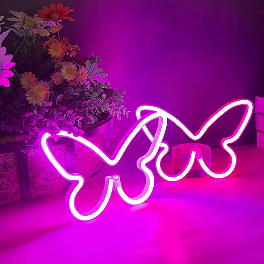 Butterfly Neon Sign USB/Battery Powered Cat LED Neon Light Skull Neon Lamp Wall Art Decor for Home Bedroom Birthday Gift Wedding - Cosmic Twink