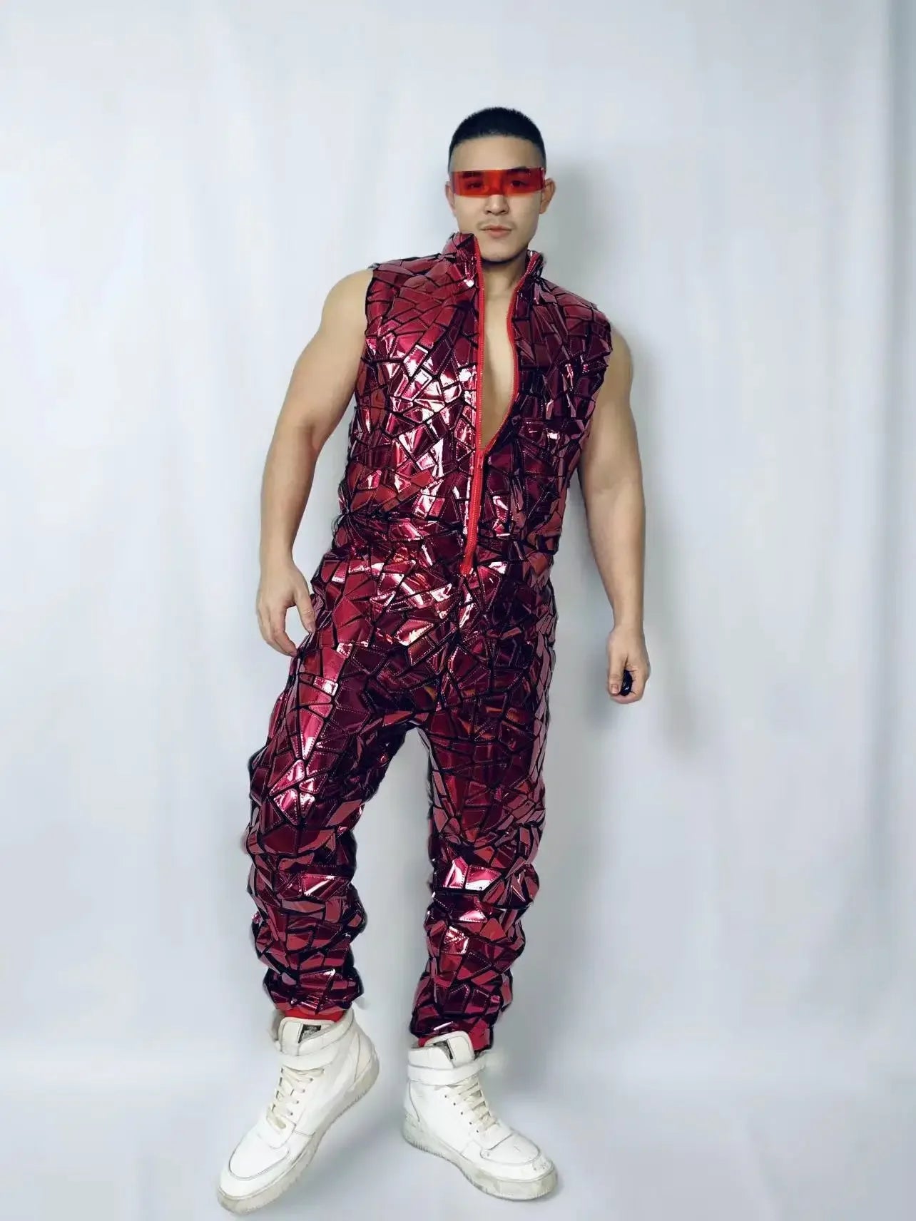 Costume men Dancer Team Street Dance Stage Performance Clothes Laser Mirror Rompers Costume Club Bar Sequins Jumpsuit Hip Hop - Cosmic Twink