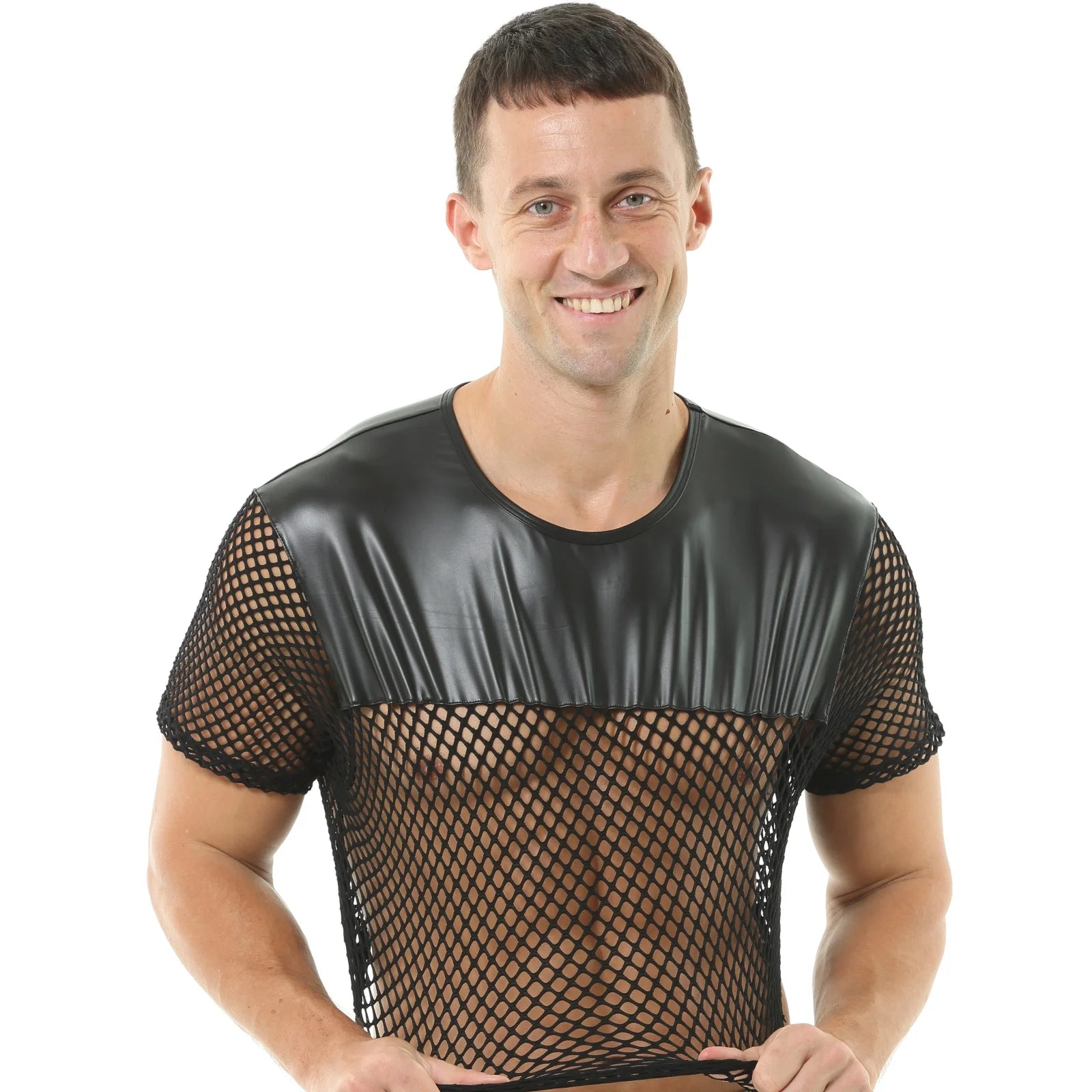 Mens Sexy Crop Tops PU Leather Mesh Lingerie Mini Vest Tanks Short Sleeve Muscle Clubwear Erotic Costume O-Neck - Cosmic Twink