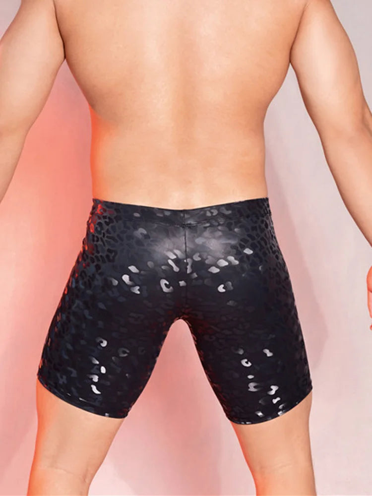 Sexy Men PU Faux Leather Leopard Print Short Pants U Bulge Pouch Pants Shorts Gym Boxer Wetlook Gay Wear Erotic Club Wear - Cosmic Twink