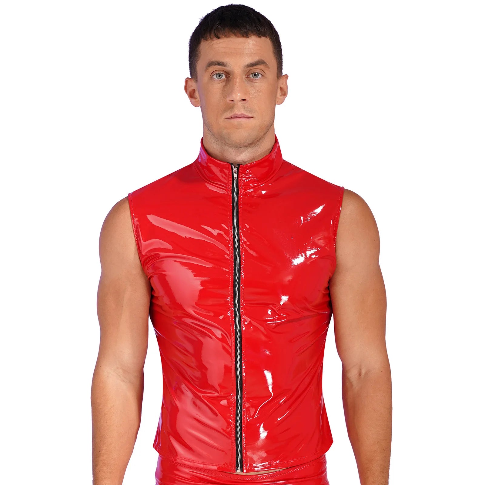 Men Wet Look Patent Leather Jacket Vest Tops Sleeveless Stand Collar Zipper Punk Tank Top Nightclub Festival Rave Party Clubwear - Cosmic Twink