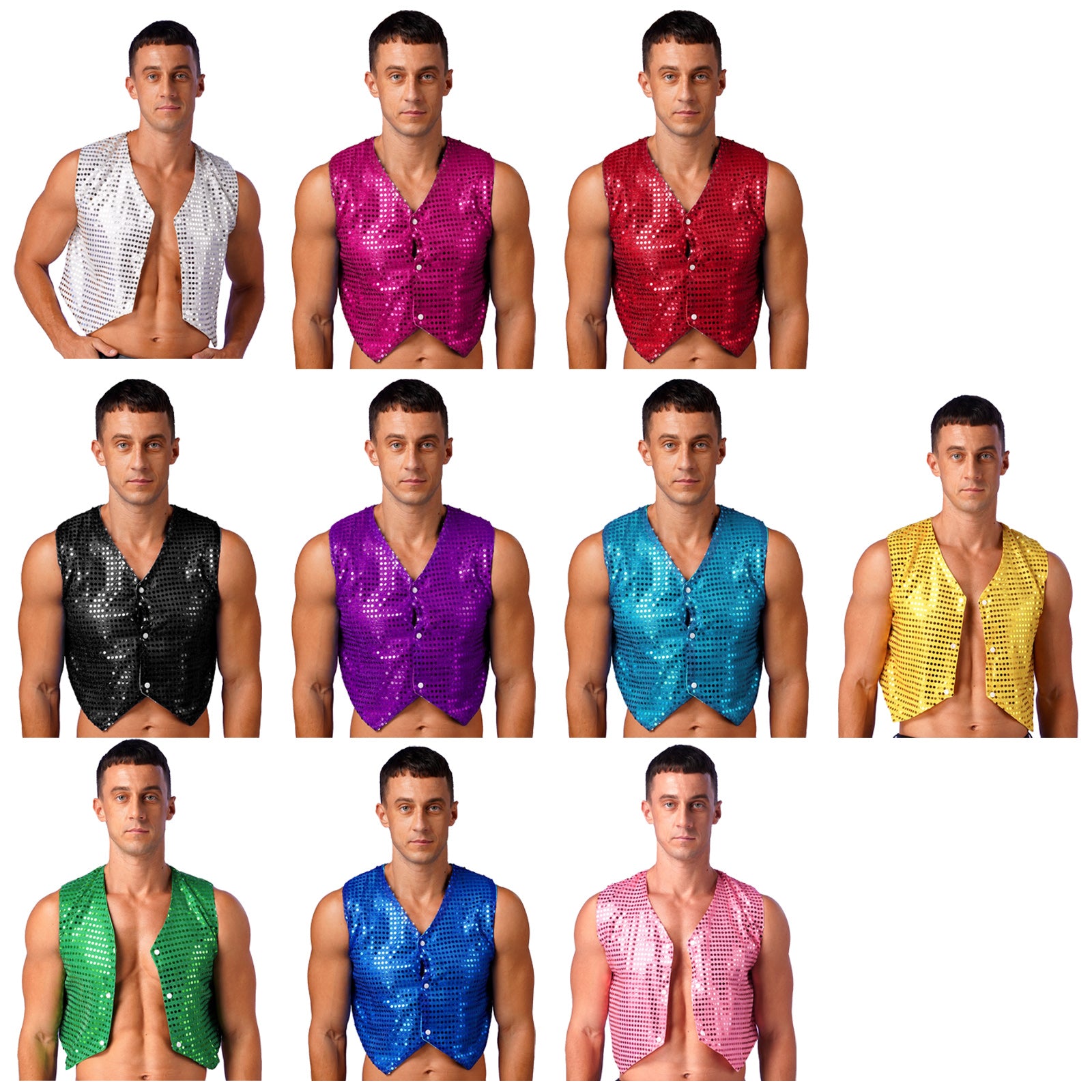 Mens Shiny Sequined Vest Tops V Neck Disco Irregular Hem Waistcoat Hiphop Jazz Dance Festival Rave Outfits Performance Costume - Cosmic Twink