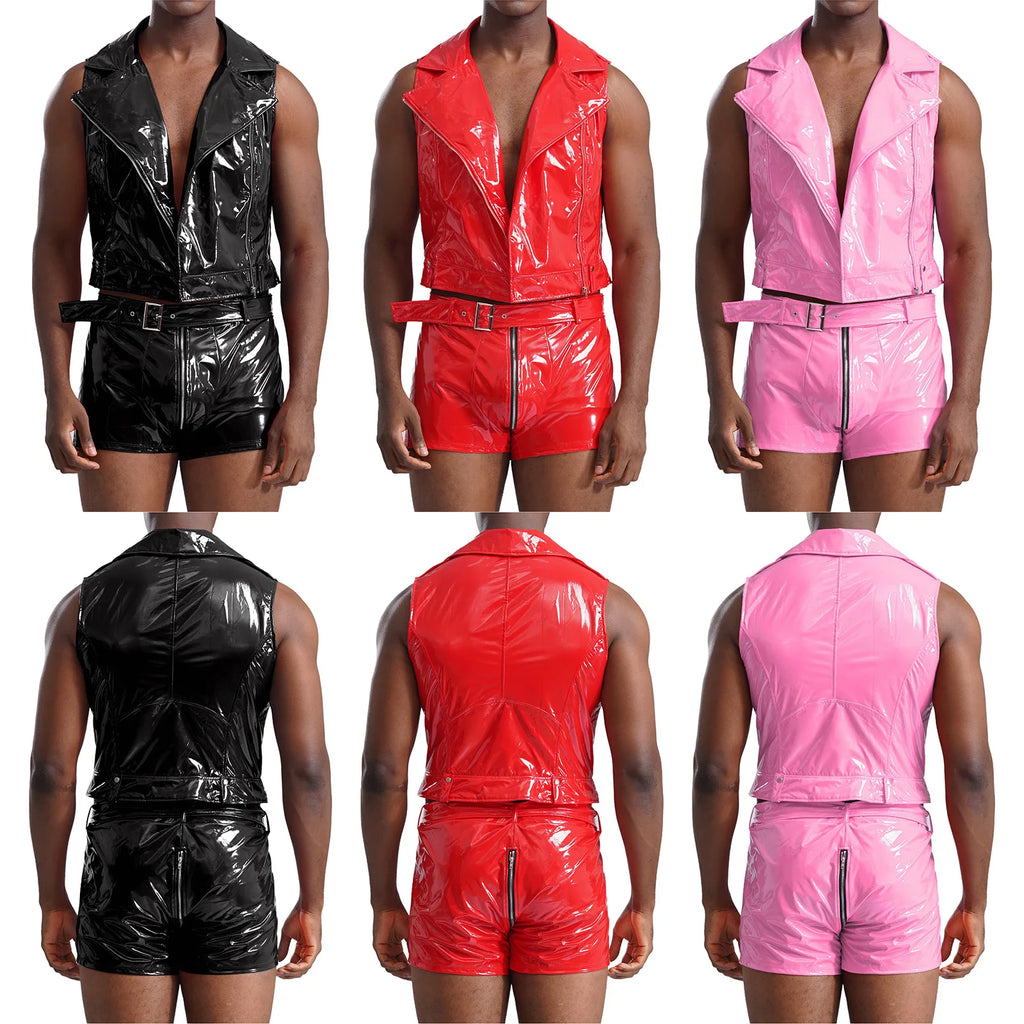 Men Pole Dancing Performance Outfit Wet Look Patent Leather Zipper Tank Top with Boxer Shorts Belt Rave Party Nightclub Clubwear - Cosmic Twink