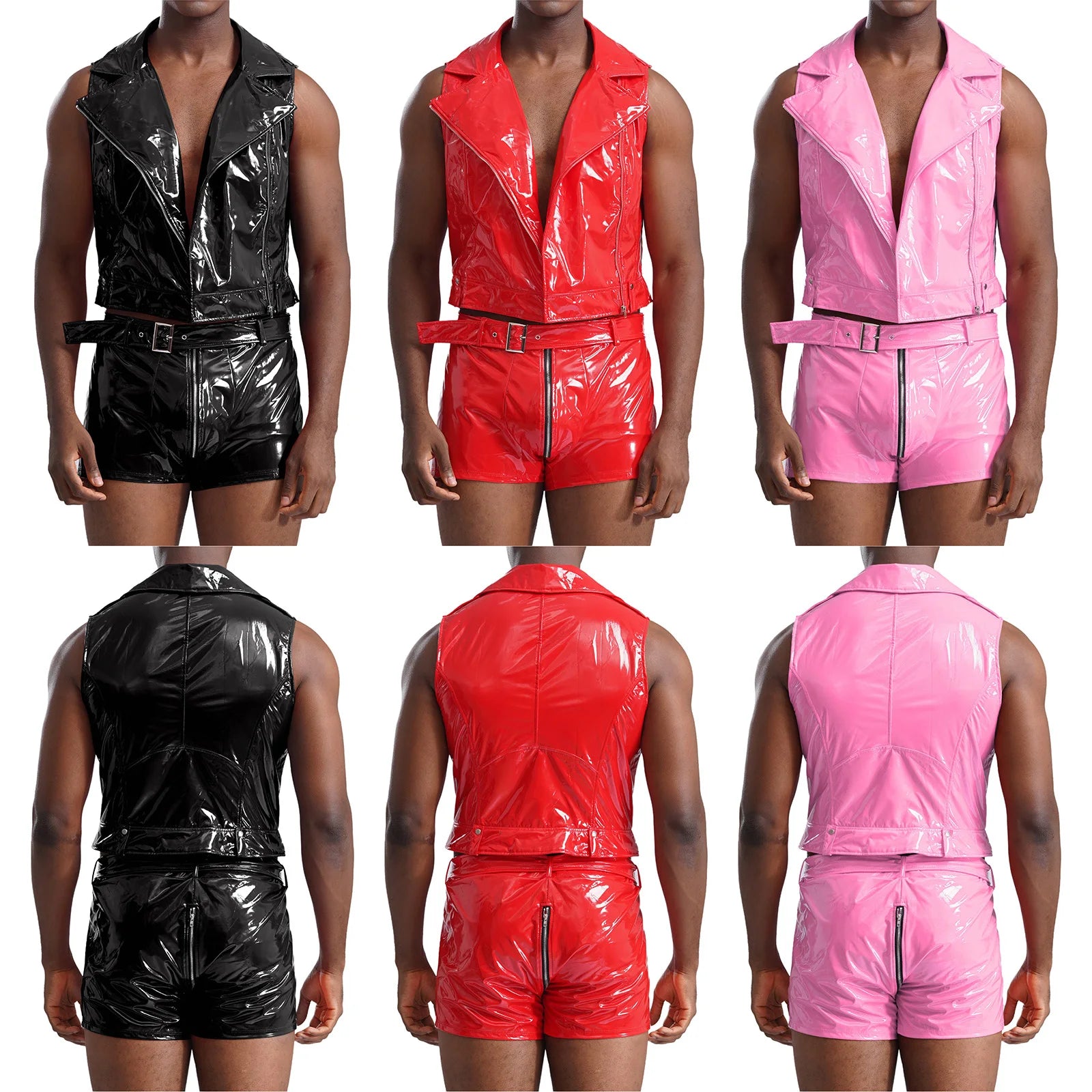 Men Pole Dancing Performance Outfit Wet Look Patent Leather Zipper Tank Top with Boxer Shorts Belt Rave Party Nightclub Clubwear - Cosmic Twink
