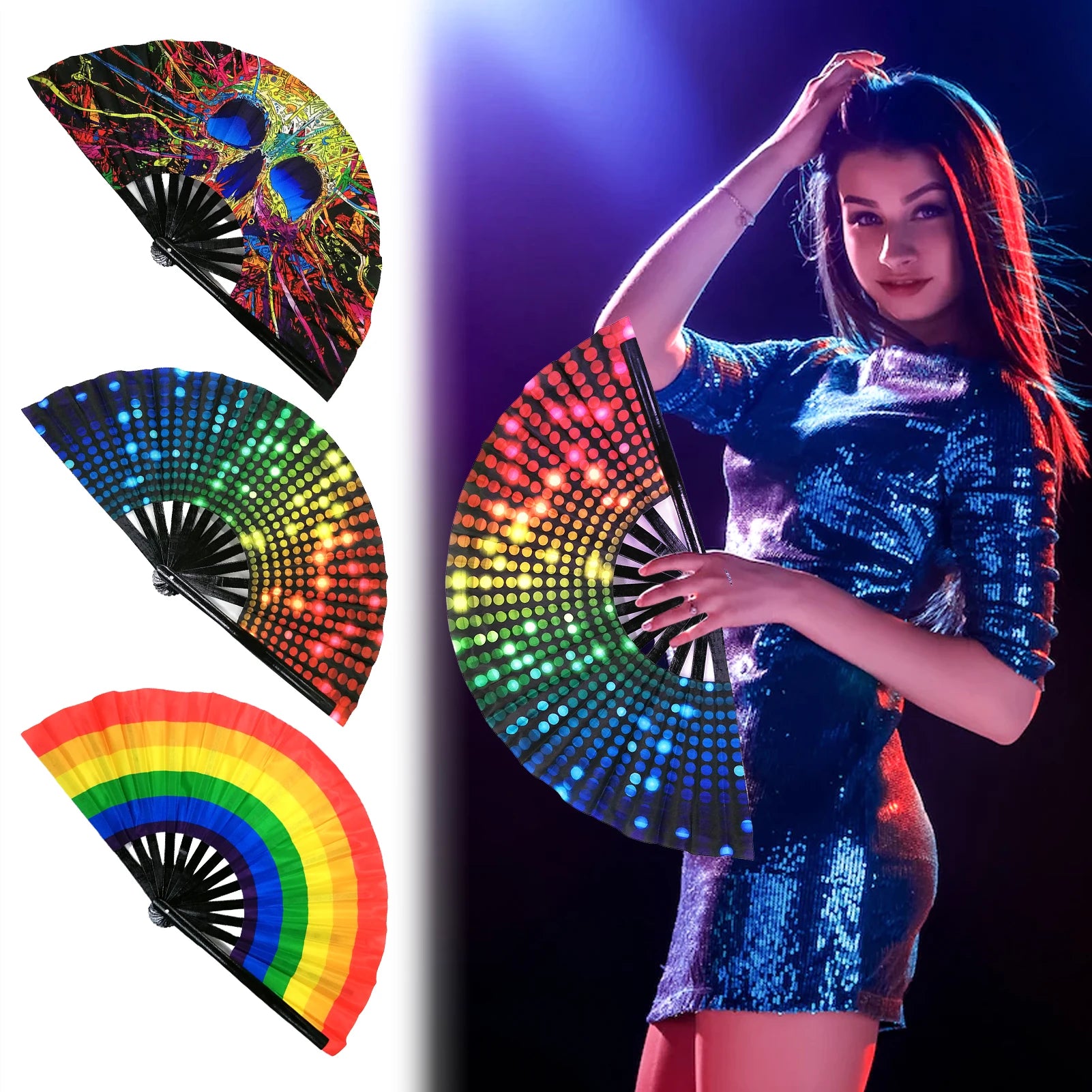 DJ Folding Fan Bar Disco Dance Fan Halloween Skull Print Hand Fan LGBT Gay Pride Rainbow Fan Chinese Kung Fu Folding Fan - Cosmic Twink