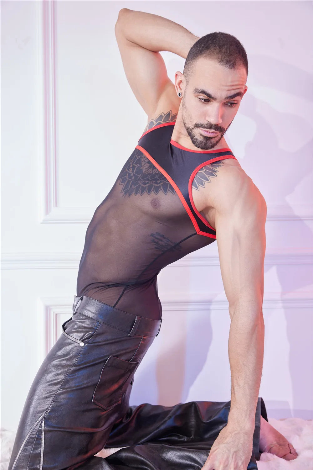 Sexy Men Patchwork Tank Top Oil Glossy Shiny Vest Mesh Sheer See Through Thong Maid Tights Elastic Shaper Top T-shirt - Cosmic Twink