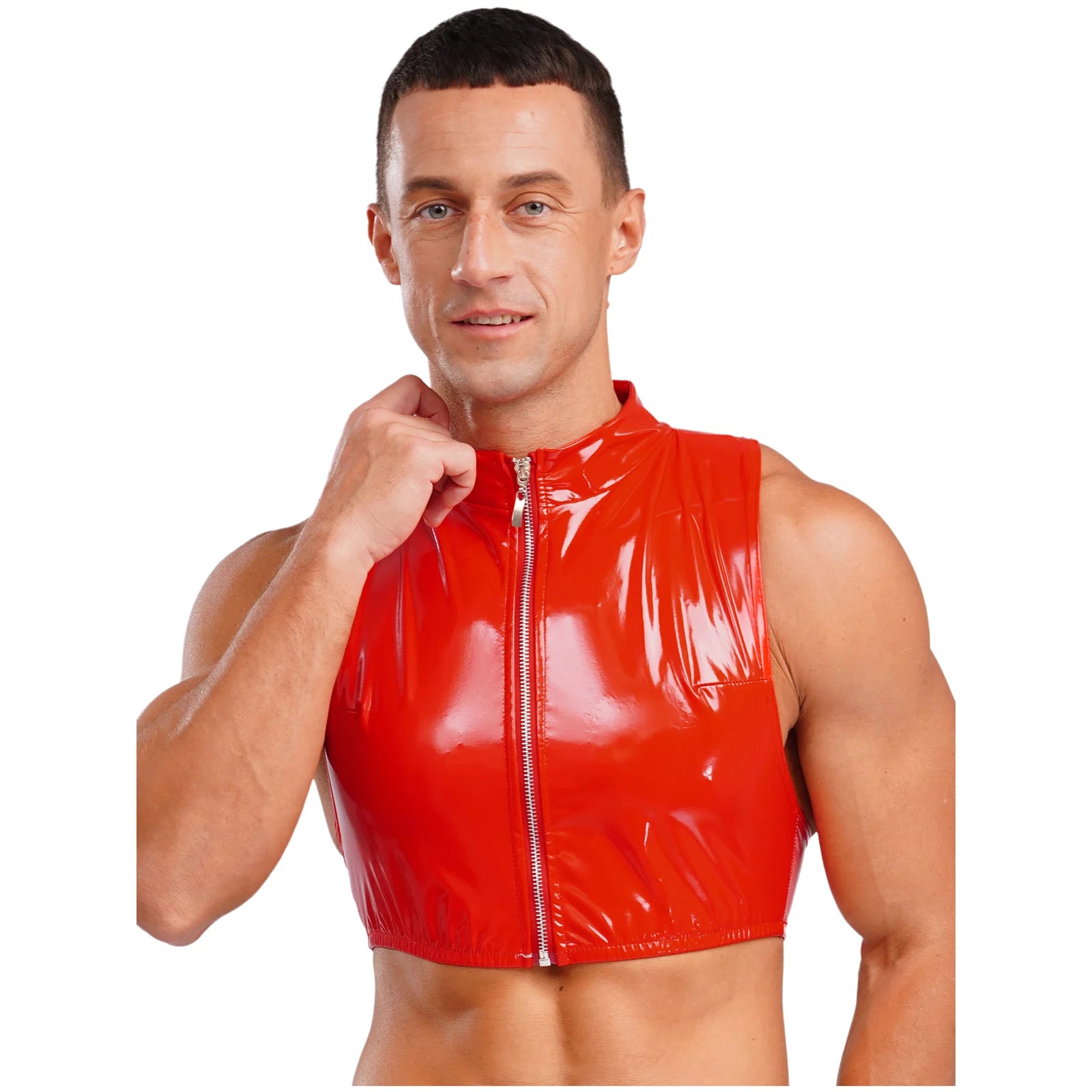 Men Wet Look Patent Leather Crop Tops Vest Sleeveless Zipper Tanks Top Camisole Nightclub Rave Party Dancing Clubwear Streetwear - Cosmic Twink