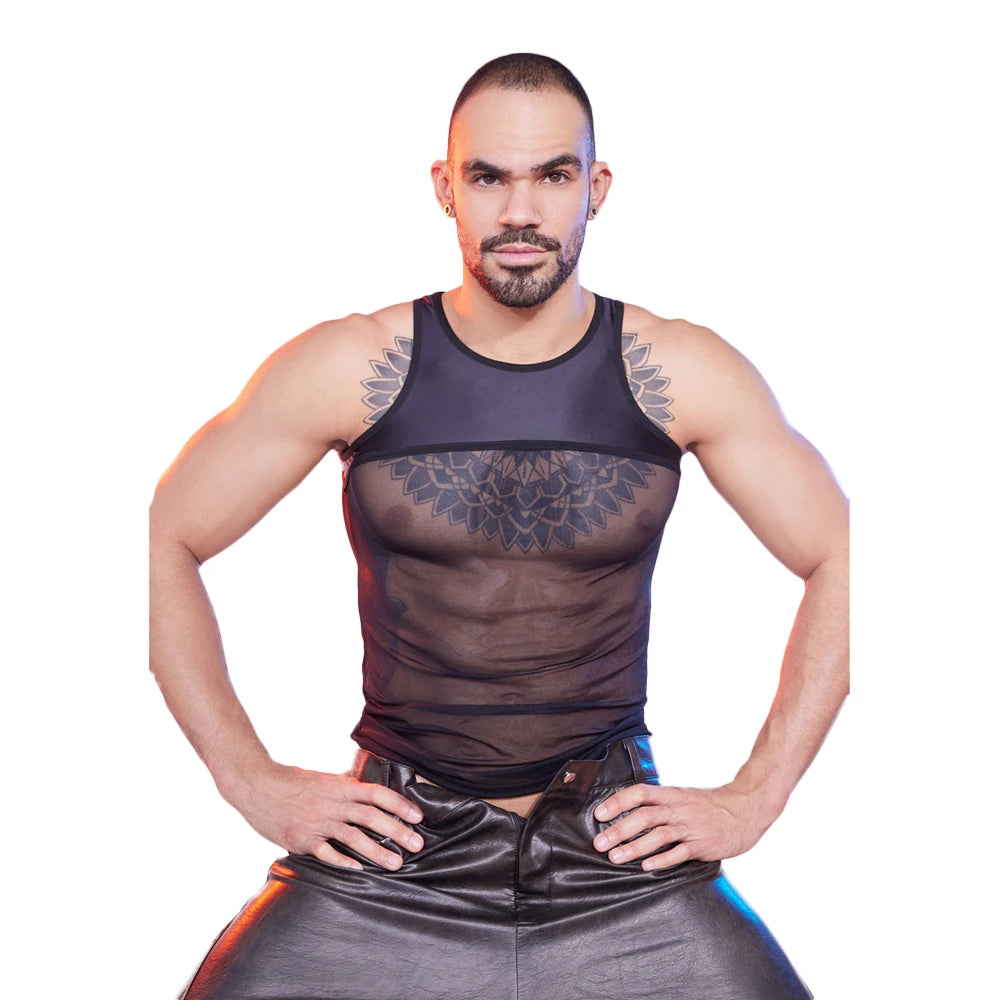 Sexy Men Patchwork Tank Top Oil Glossy Shiny Vest Mesh Sheer See Through Thong Maid Tights Elastic Shaper Top T-shirt - Cosmic Twink