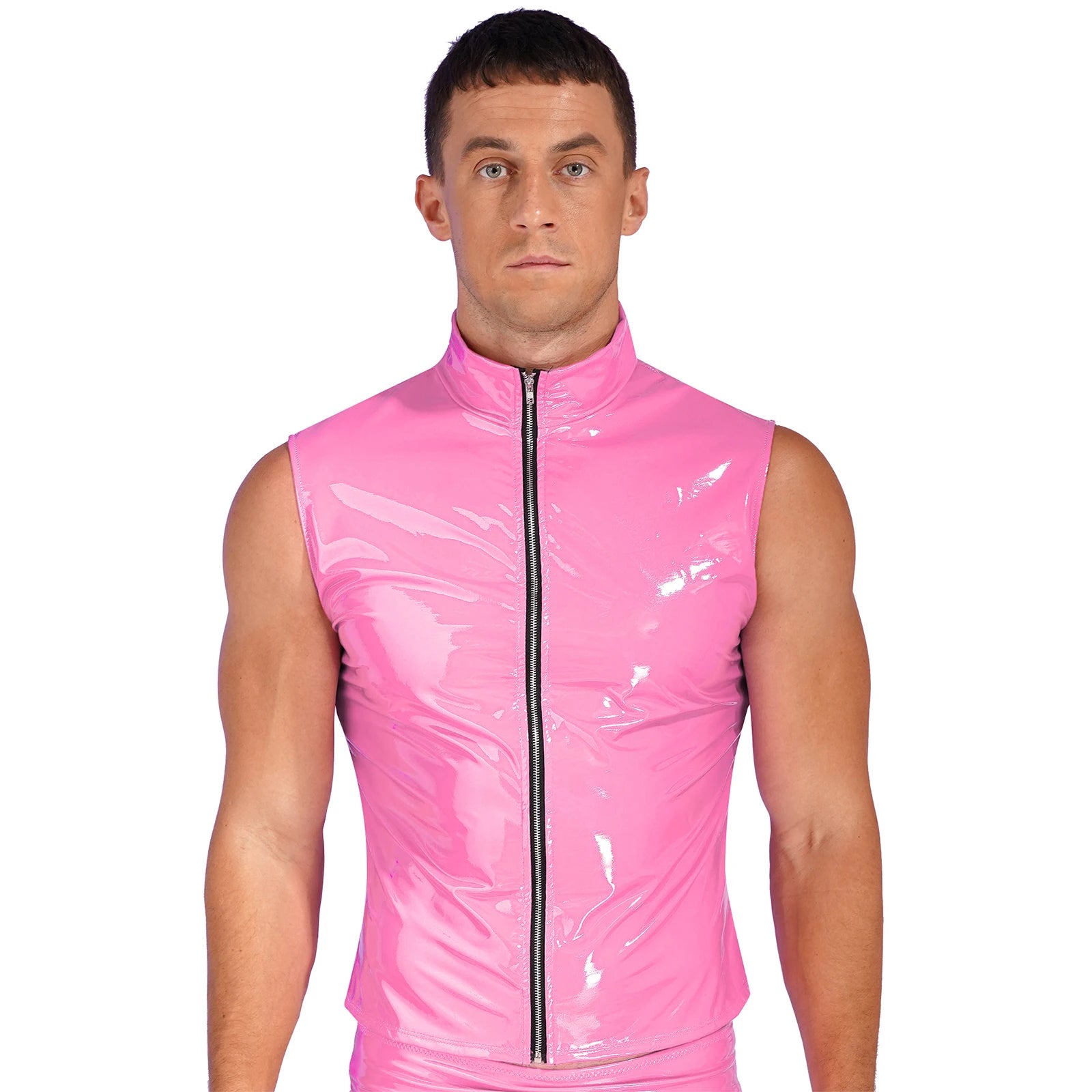 Men Wet Look Patent Leather Jacket Vest Tops Sleeveless Stand Collar Zipper Punk Tank Top Nightclub Festival Rave Party Clubwear - Cosmic Twink