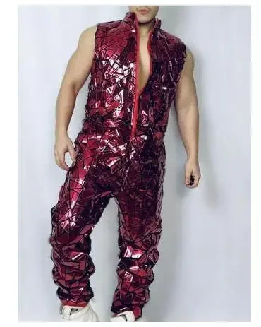 Costume men Dancer Team Street Dance Stage Performance Clothes Laser Mirror Rompers Costume Club Bar Sequins Jumpsuit Hip Hop - Cosmic Twink