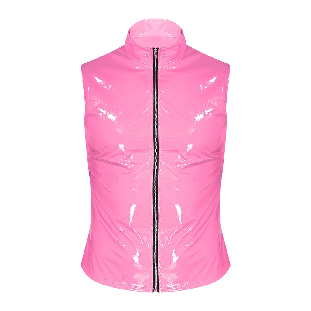 Men Wet Look Patent Leather Jacket Vest Tops Sleeveless Stand Collar Zipper Punk Tank Top Nightclub Festival Rave Party Clubwear - Cosmic Twink
