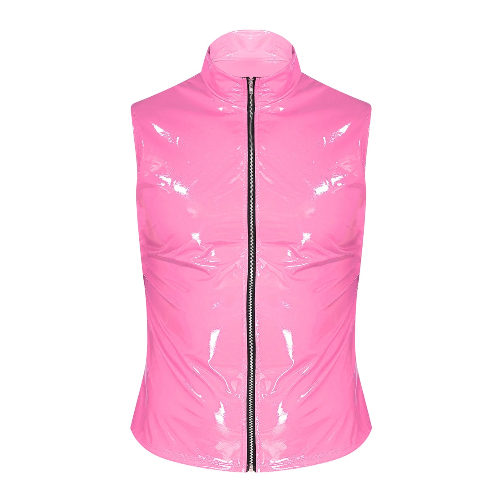 Men Wet Look Patent Leather Jacket Vest Tops Sleeveless Stand Collar Zipper Punk Tank Top Nightclub Festival Rave Party Clubwear - Cosmic Twink