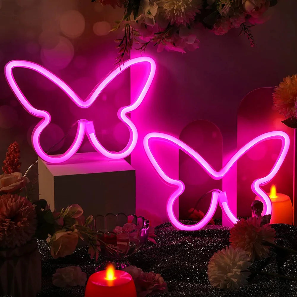 Butterfly Neon Sign USB/Battery Powered Cat LED Neon Light Skull Neon Lamp Wall Art Decor for Home Bedroom Birthday Gift Wedding - Cosmic Twink